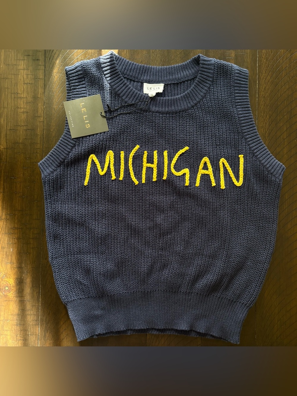 Le Lis Navy Knit Sleeveless Sweater Vest with Yellow MICHIGAN Script Size Small